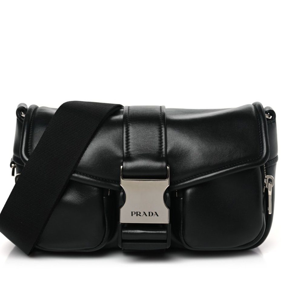 Prada Spazzolato Leather Double Pocket Buckle Shoulder Bag Black